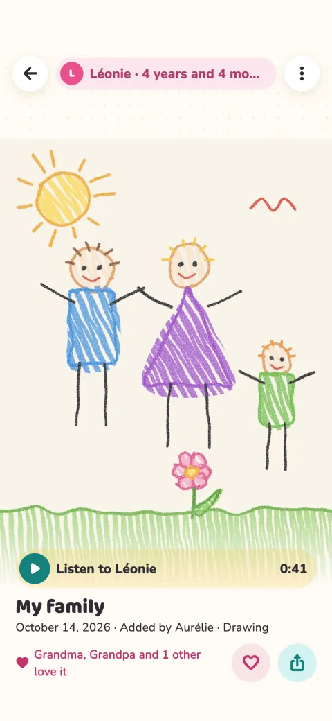 A drawing full size, with the child's age, the date and the voice memo