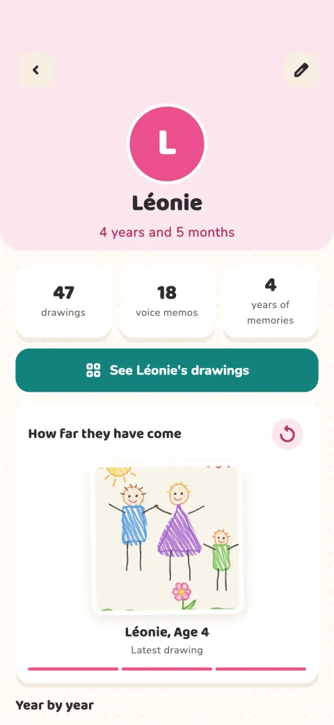 Léonie's page: 47 drawings, 18 voice memos, 4 years of memories and her very first drawing