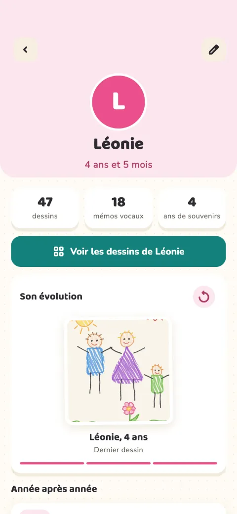 La page de Léonie : 47 dessins, 18 mémos vocaux, 4 ans de souvenirs et son tout premier dessin